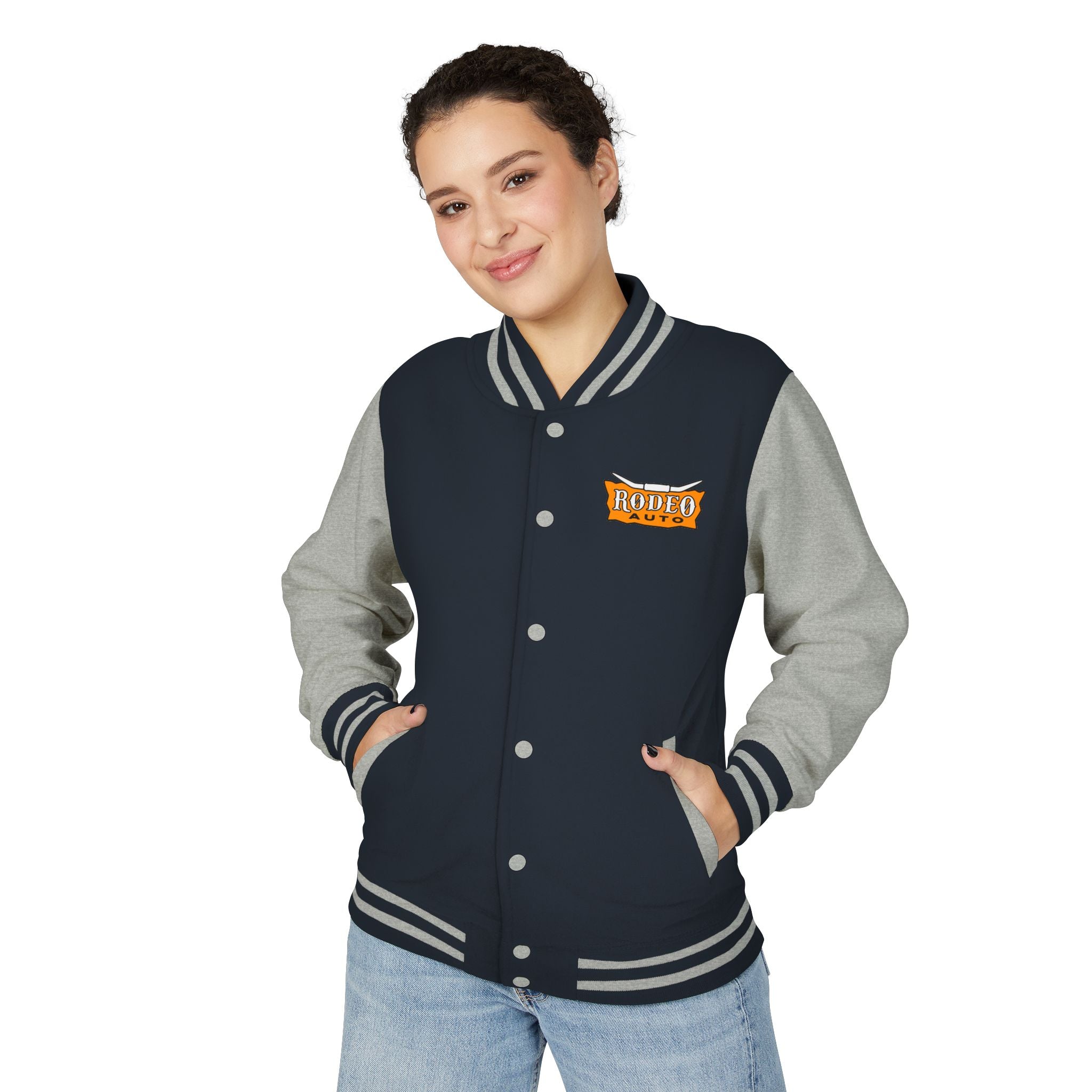 Rodeo Auto Unisex Heavyweight Letterman Jacket - Trendy Athletic Style, Casual Outfit, Spirit Wear