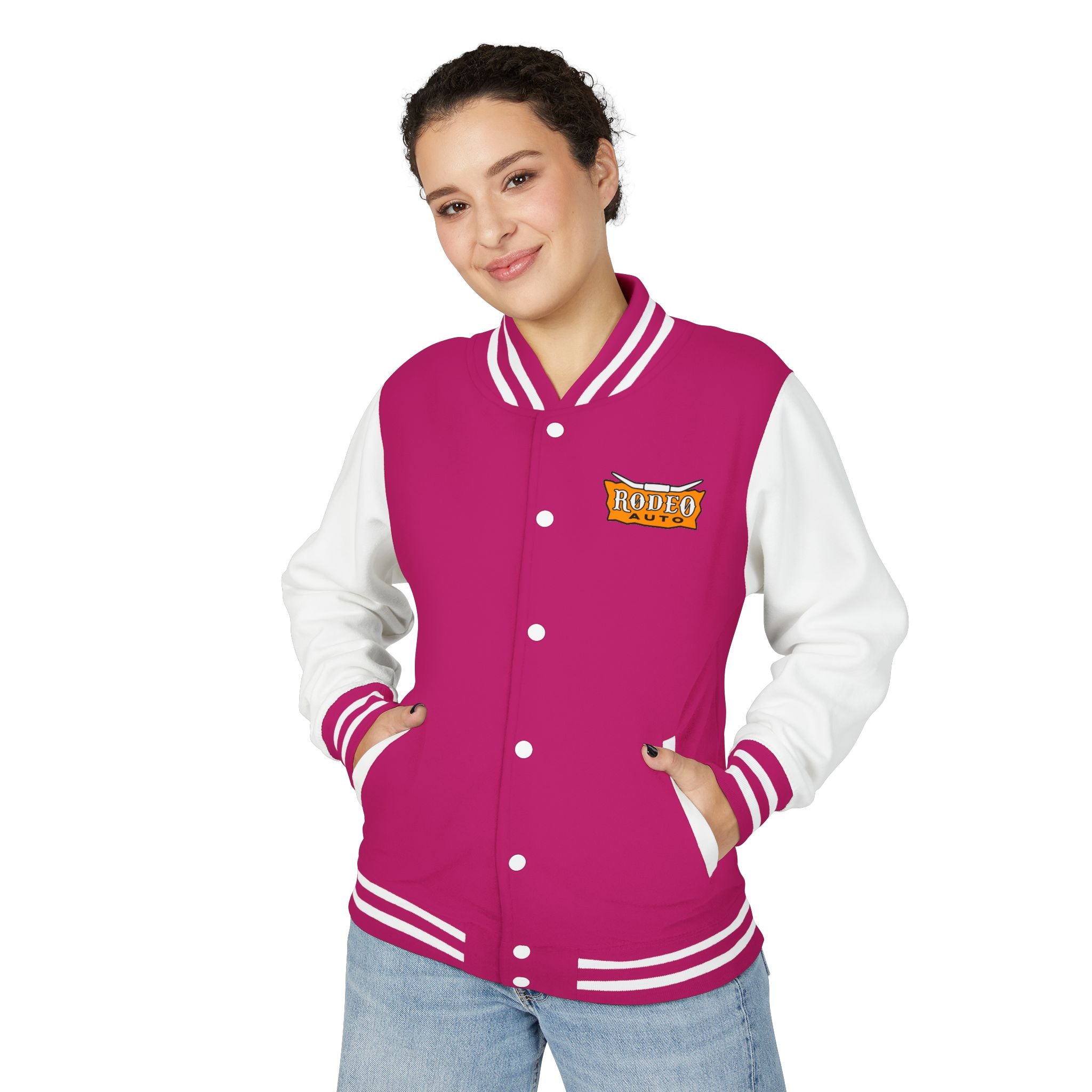 Rodeo Auto Unisex Heavyweight Letterman Jacket - Trendy Athletic Style, Casual Outfit, Spirit Wear