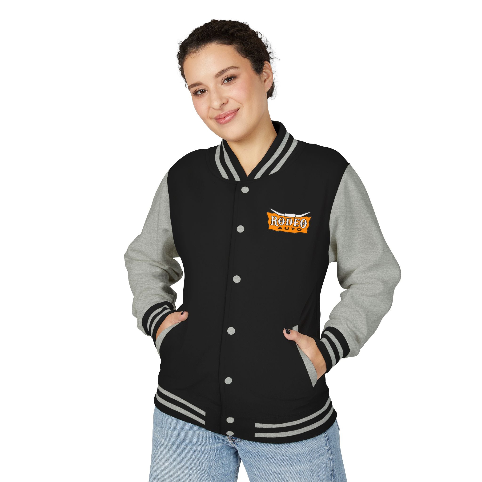 Rodeo Auto Unisex Heavyweight Letterman Jacket - Trendy Athletic Style, Casual Outfit, Spirit Wear