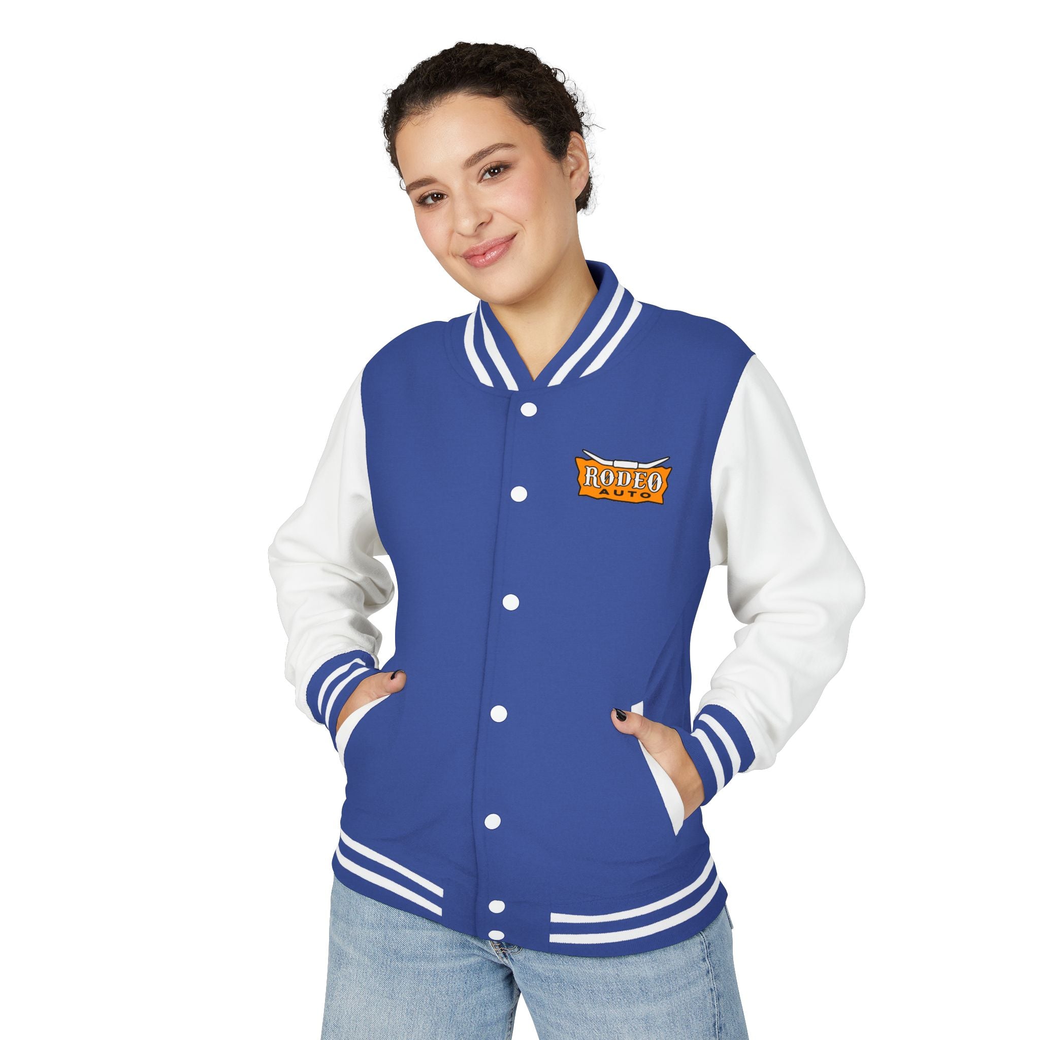 Rodeo Auto Unisex Heavyweight Letterman Jacket - Trendy Athletic Style, Casual Outfit, Spirit Wear