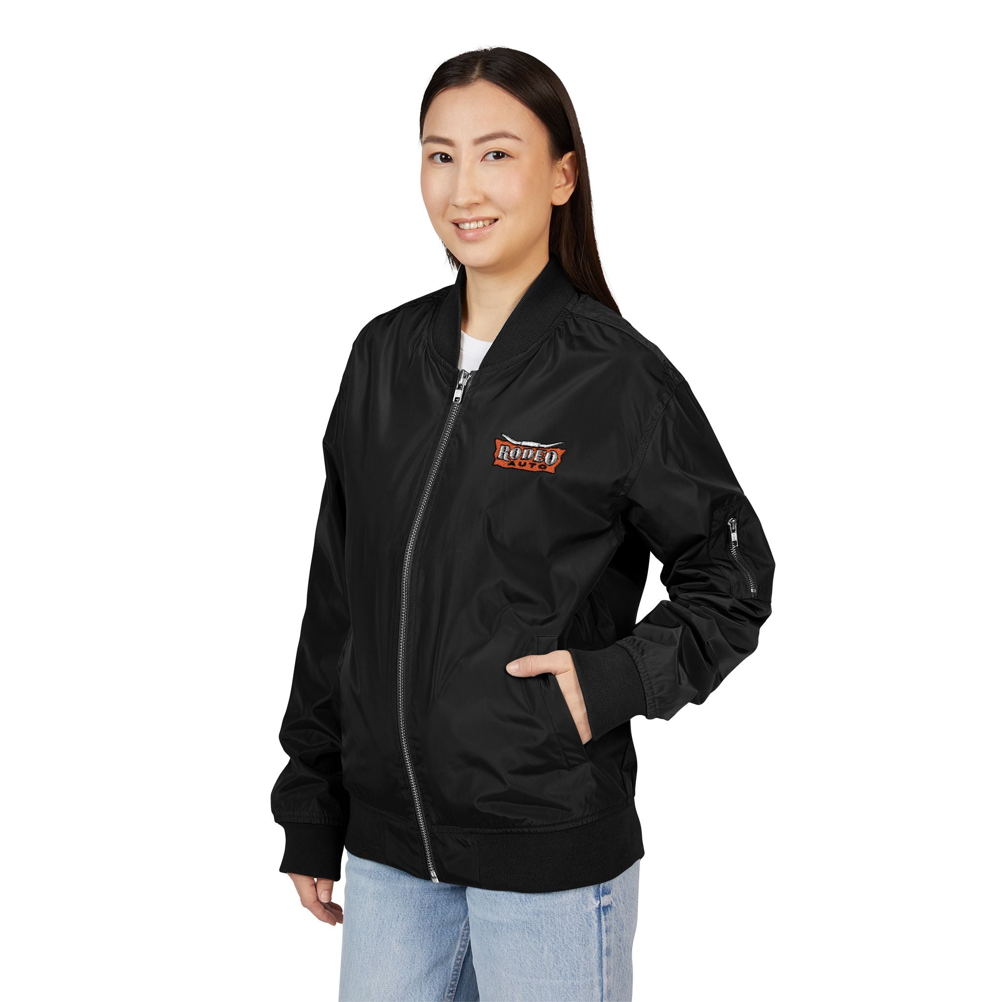 Rodeo Auto Eco-Friendly Embroidered Bomber Jacket, Sustainable Fashion, Trendy Outerwear, Unisex Jacket, Everyday Wear